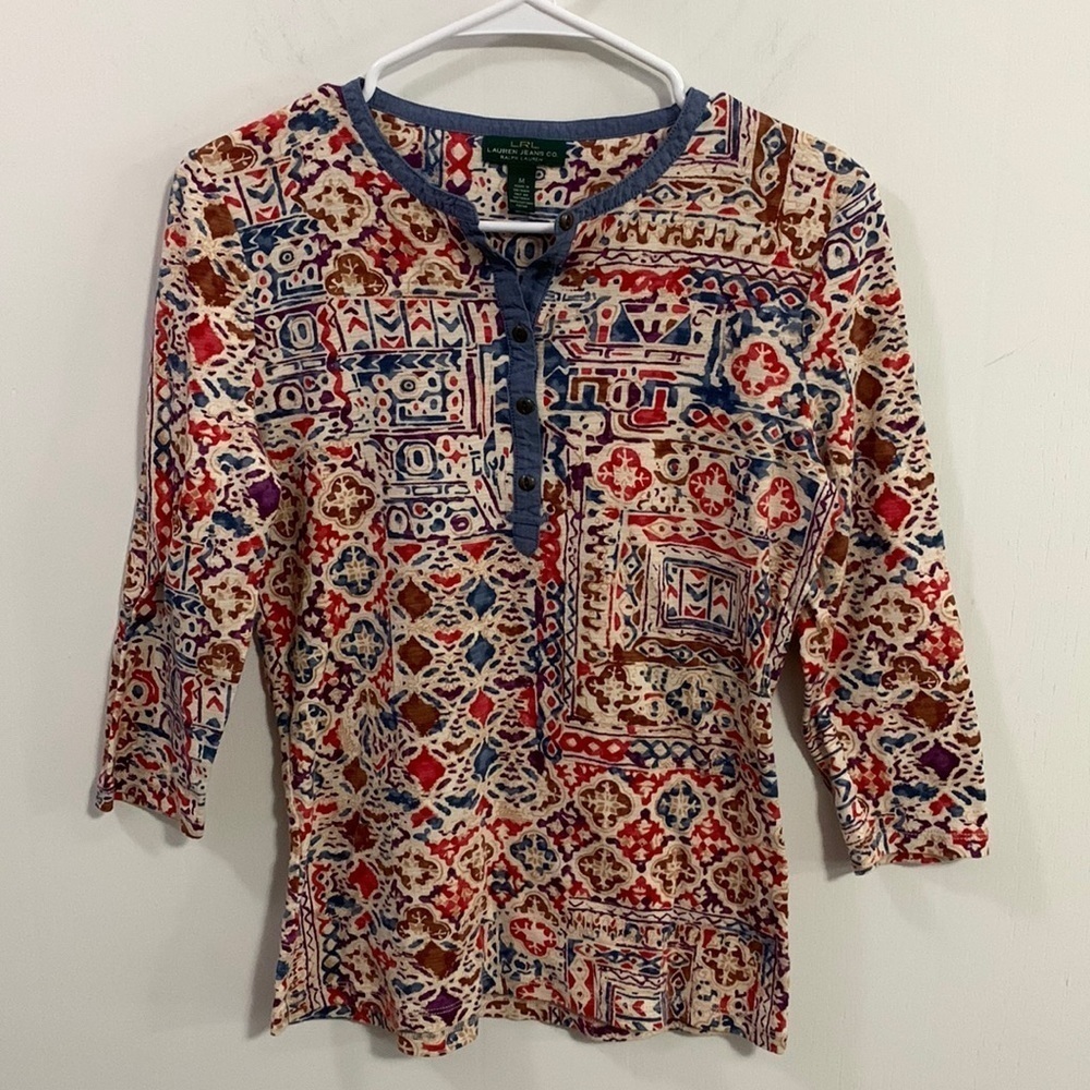 Lauren Ralph Lauren 3/4 sleeve top, button front 1/2 way down Sz Medium
